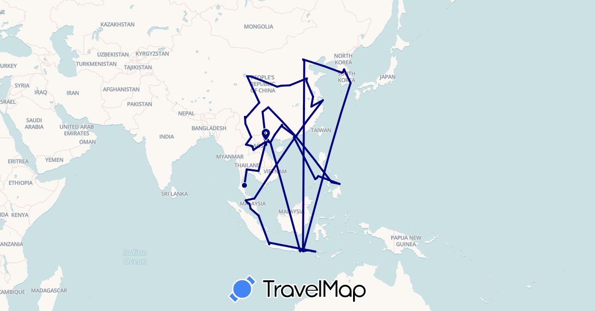 TravelMap itinerary: driving in China, Indonesia, Cambodia, South Korea, Laos, Macau, Malaysia, Philippines, Singapore, Thailand, Vietnam (Asia)
